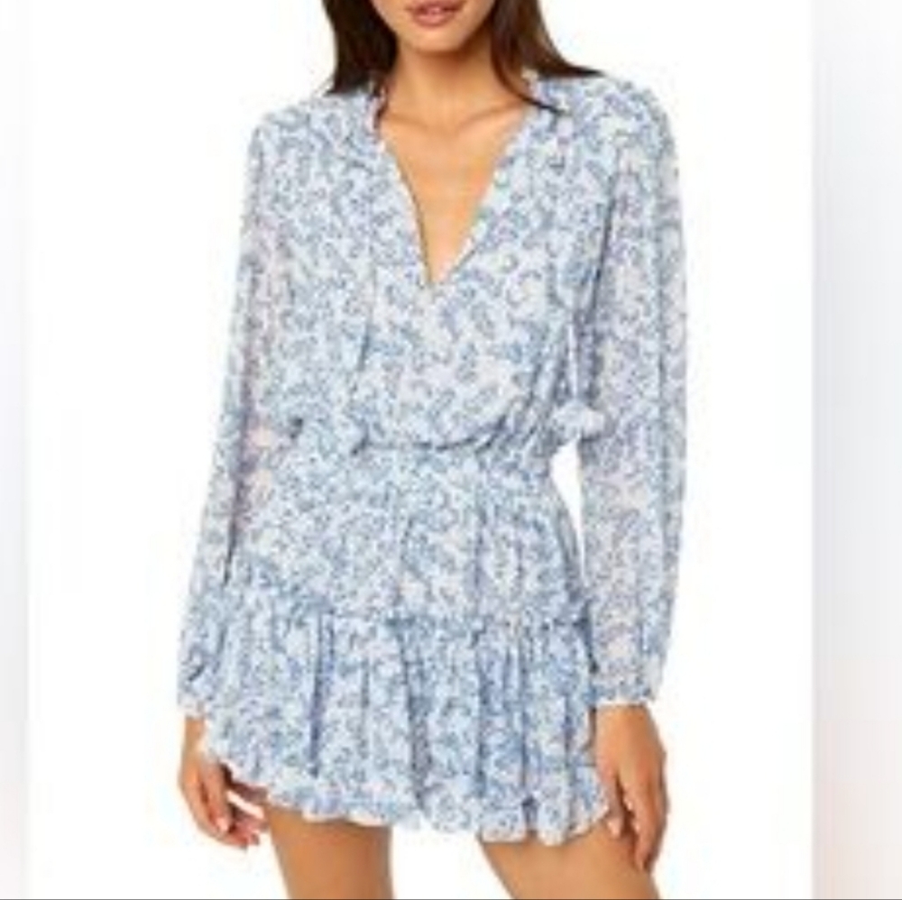 Misa Los Angeles Light Blue Patterned Long Sleeve Dress
